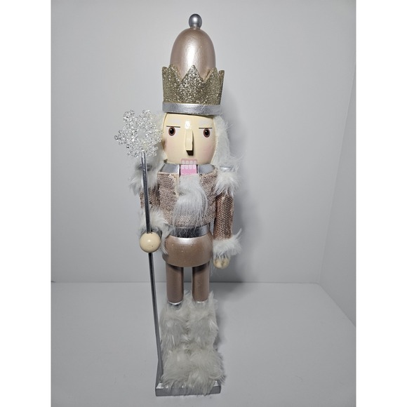 Other - King Nutcracker 19" Wooden Christmas Decor Hollywood Style White Gold Pink